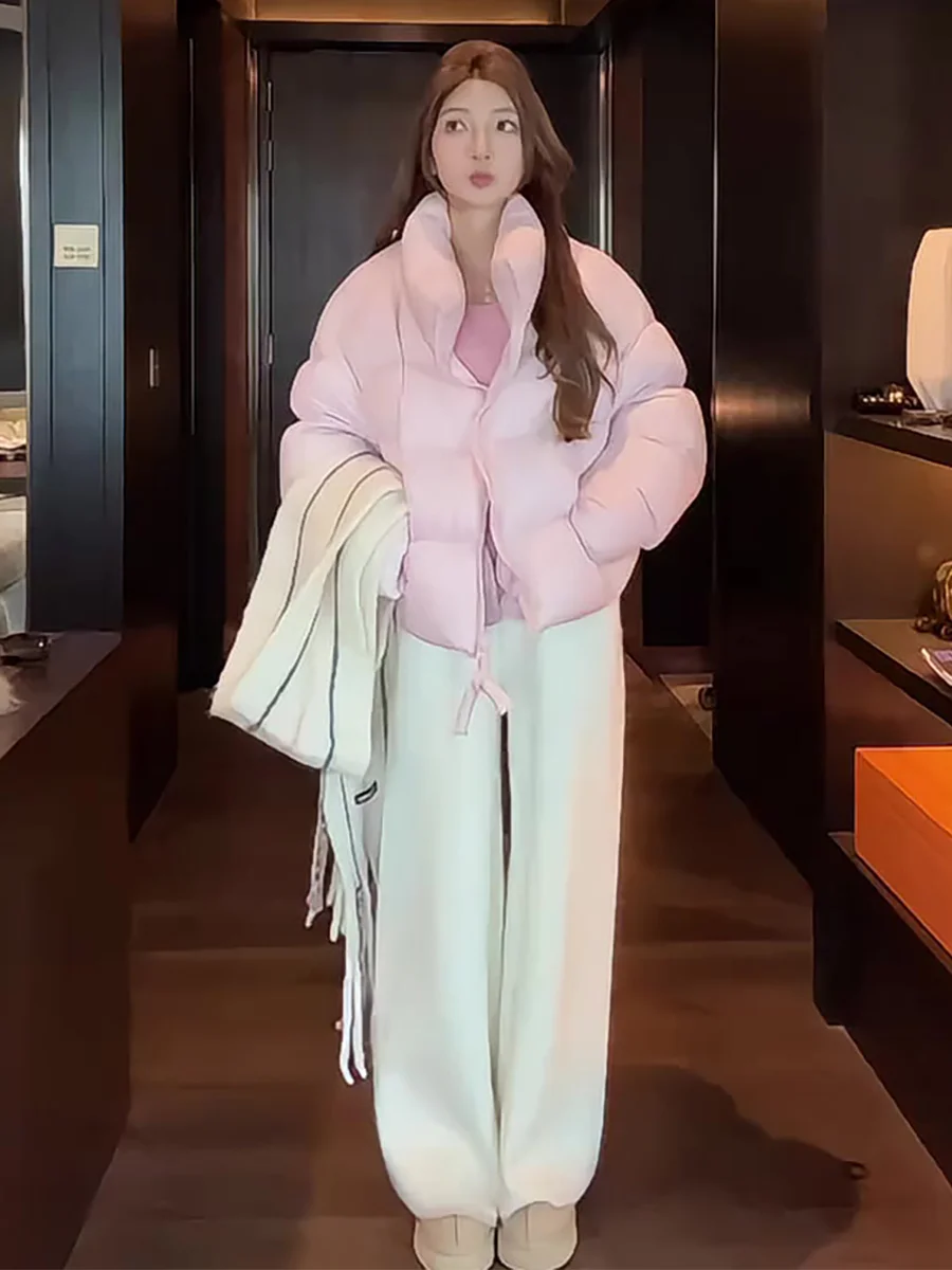 

Korean Sle ort Thiened Stand Collar Women's down Jaet Pink Warm Bread Sle Coat Ci Casual White Du down Filling