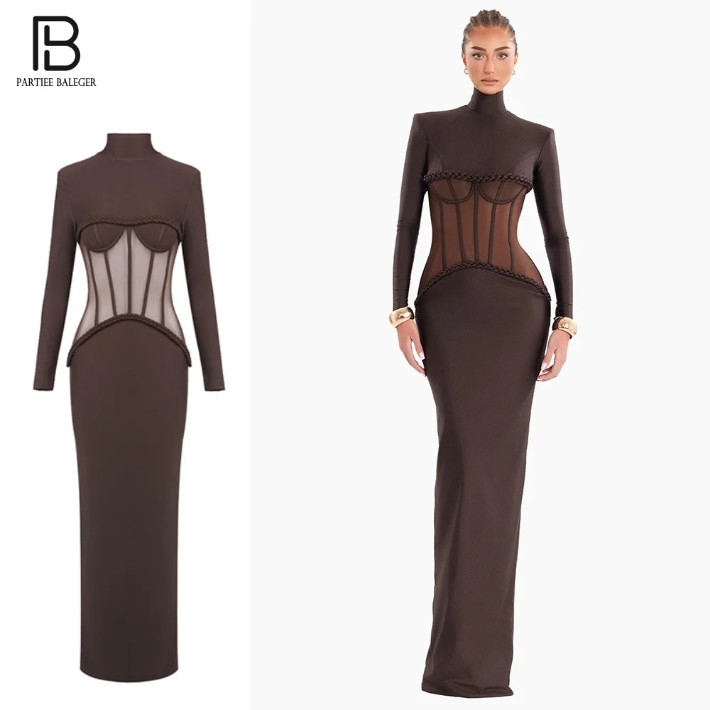 PB Abito lungo sexy marrone trasparente con collo alto – Abito da sera aderente per banchetti di lusso a maniche lunghe da donna per abiti da donna