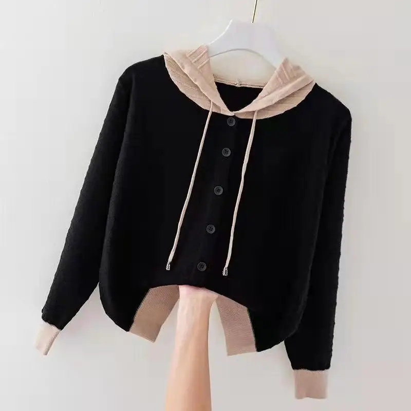 Hooded Knitted Cardigan for Women Loose and Stylish Thin with a Hat Short Sweater Jacket Top