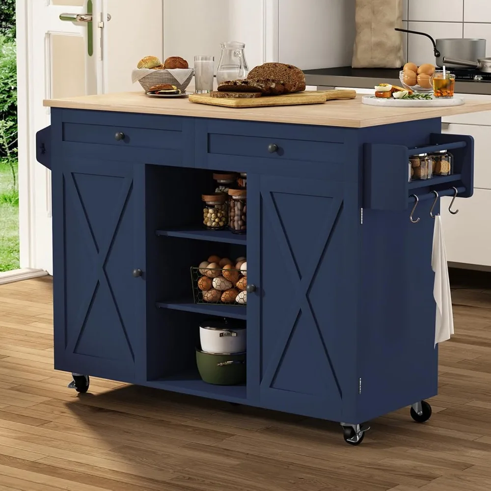 

Blue Mobile Kitchen Island Cart with Drop Leaf Table and Barn Door Storage
