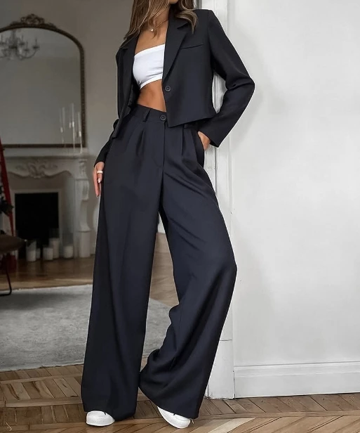 Women's suit collar long sleeved casual loose high waisted elastic band long pants classic two-piece set for women, in stock