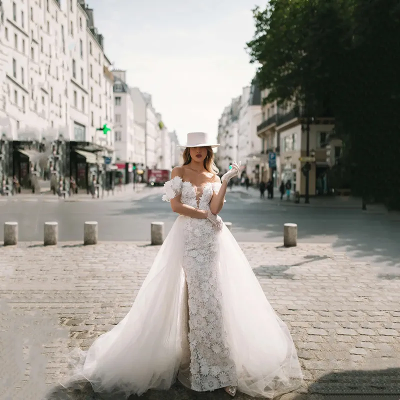 

Customized Luxury Ivory Mermaid Wedding Dresses Lace Appliques Off Shoulder Bridal Gown Illusion V-Neck Open Back Long Train
