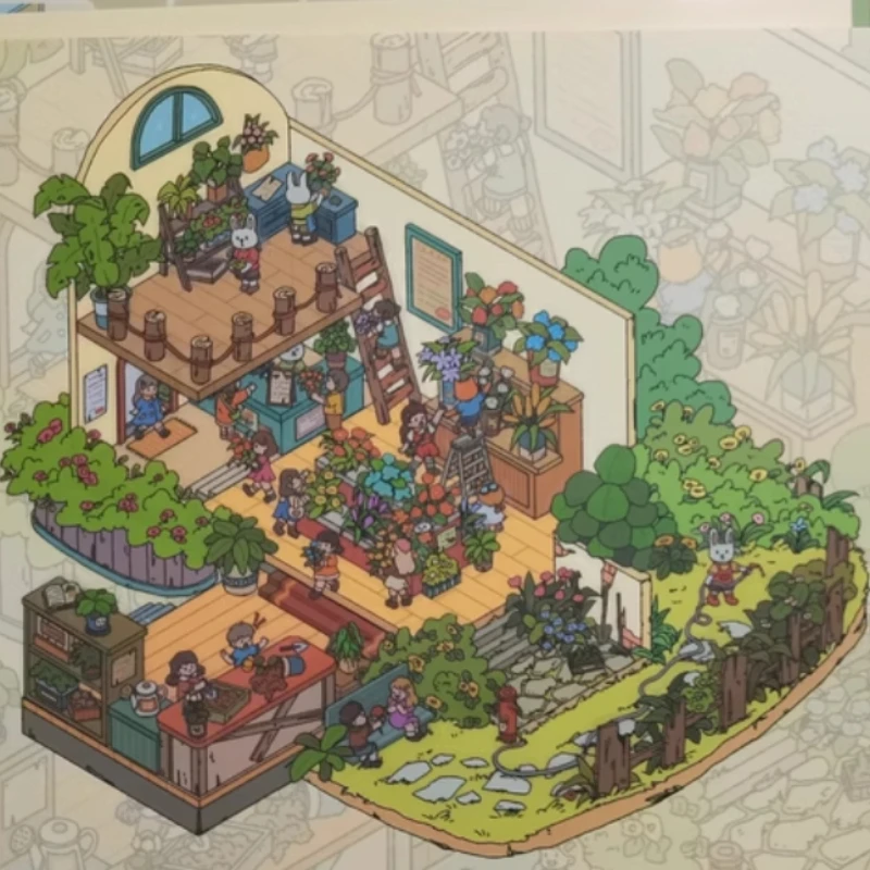 Naklejka krajobrazowa 3D miniaturowa scena Biblioteka przyjęcie herbaciane kwiaciarnia magazyn kolaż naklejki kawaii