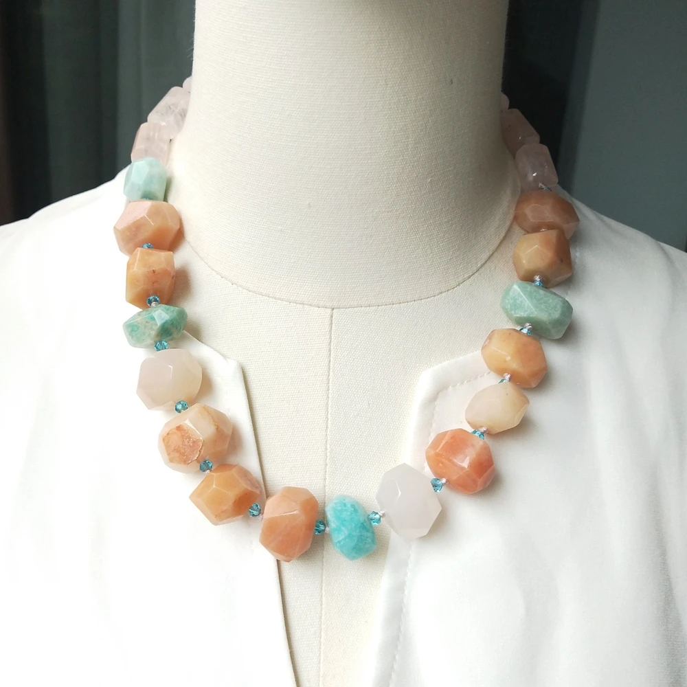 Lii Ji Real Stone Necklace Rose Quartz Peach Aventurine Amazonite 52cm Women Necklace Jewelry Gift