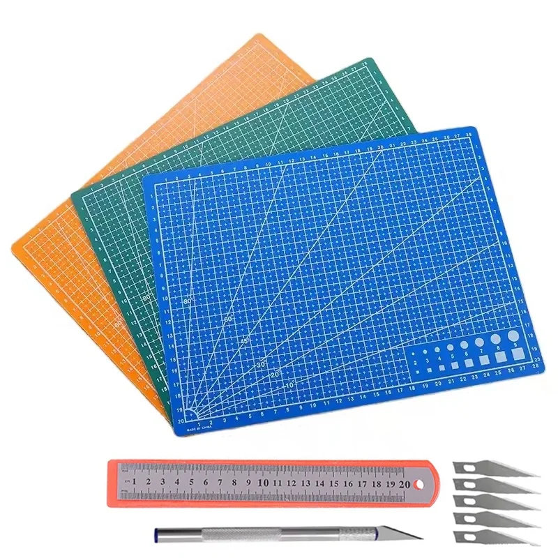PVC-Bastelschneidematte-Set A3/A4/A5, Schneidematte mit Allzweckmesser und Lineal für Leder, Nähen, Patchwork, DIY, Gravur, Werkbank