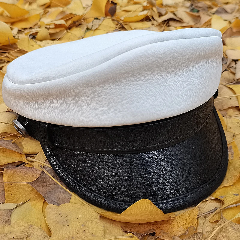 Genuine Leather Captain Hat Men Spring Korean Fashion Short Brim Navy Caps Male High Quality Black White Flat Gorras Hombre