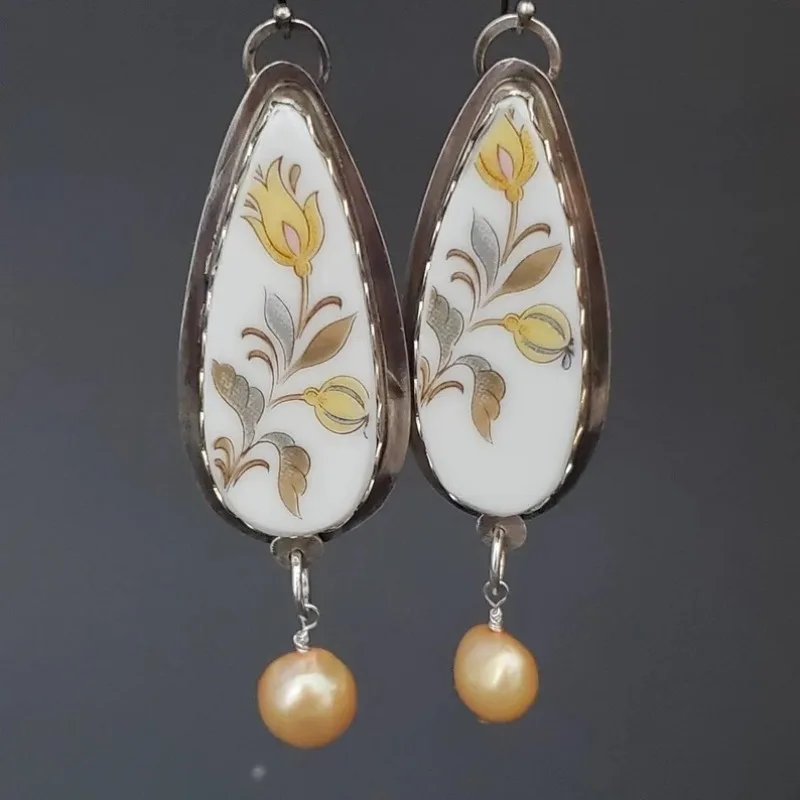 Bohemian Painted Plants Flower Drop Hook Earrings For Women Ethnic Style Handmade Vintage Imitation Pearl Dangle Earring