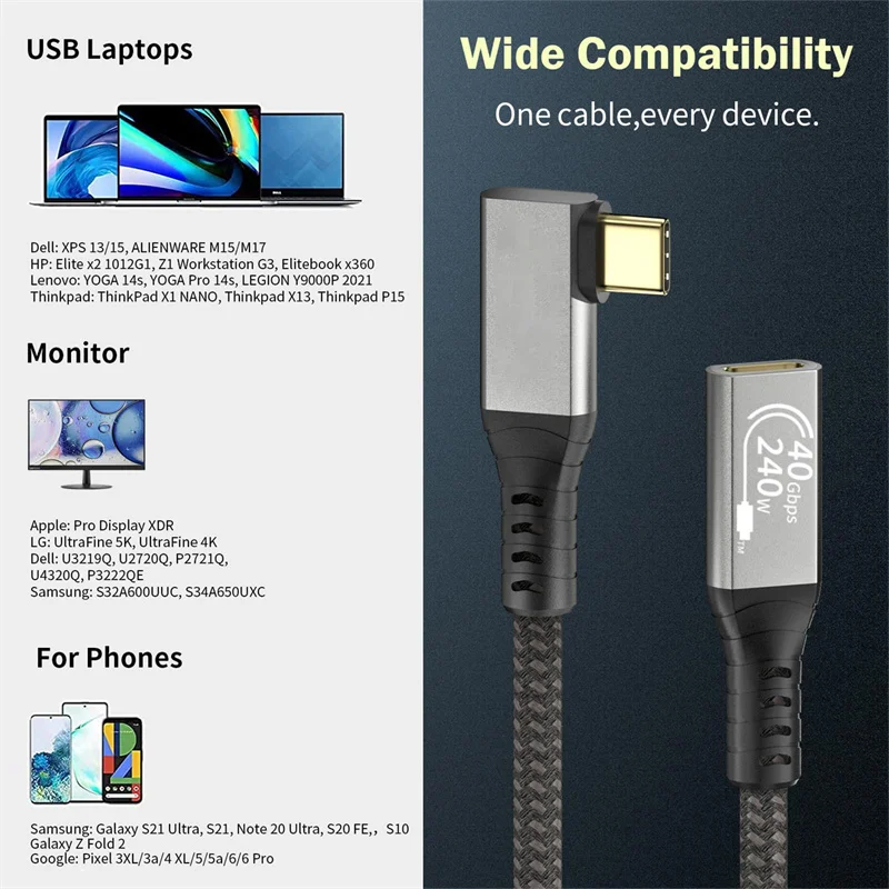 Elbow Thunderbolt 4 Type C Extension Cable USB4 40Gbps USB C to Type-C Date Transfer Cable PD 240W usb-c For iPad MacBook Pro