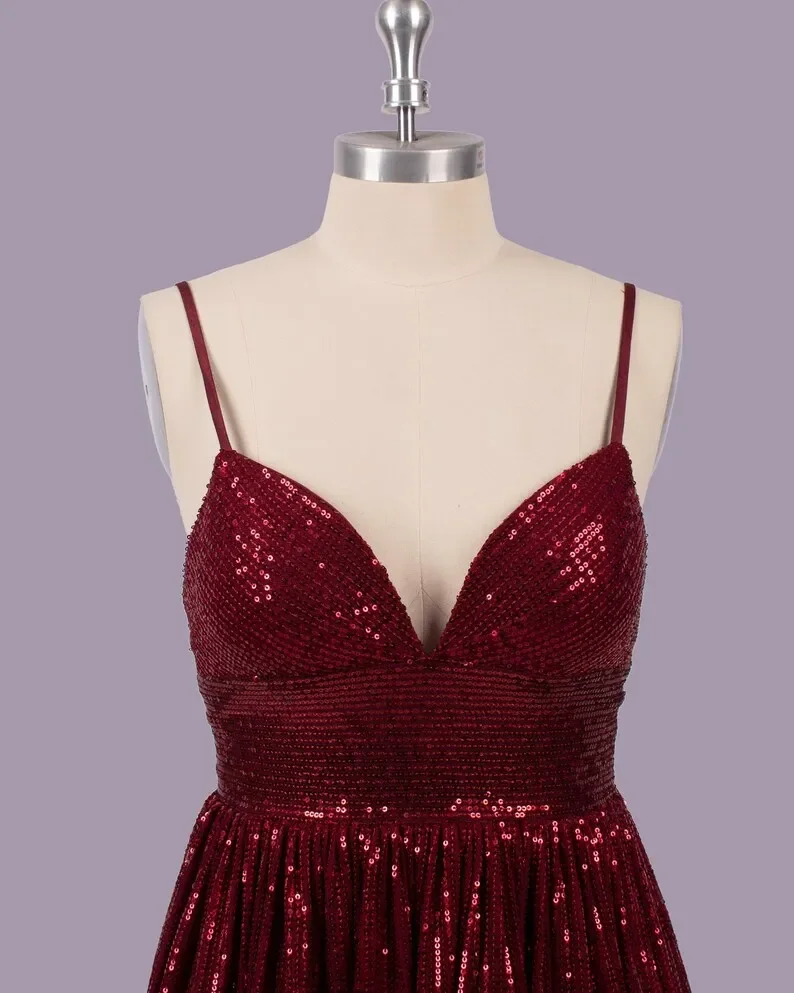 Vestidos de baile personalizado lantejoulas vinho vermelho curto vestido de baile, vestido de noite vintage acima do joelho, mini vestidos de cocktail