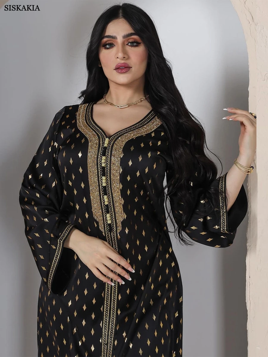 Siskakia Muslim Arab Female Loose Casual Retro Ethnic Printing Diamonds V-Neck Full Sleeve Clothing Abaya Women Dubai Long Dress