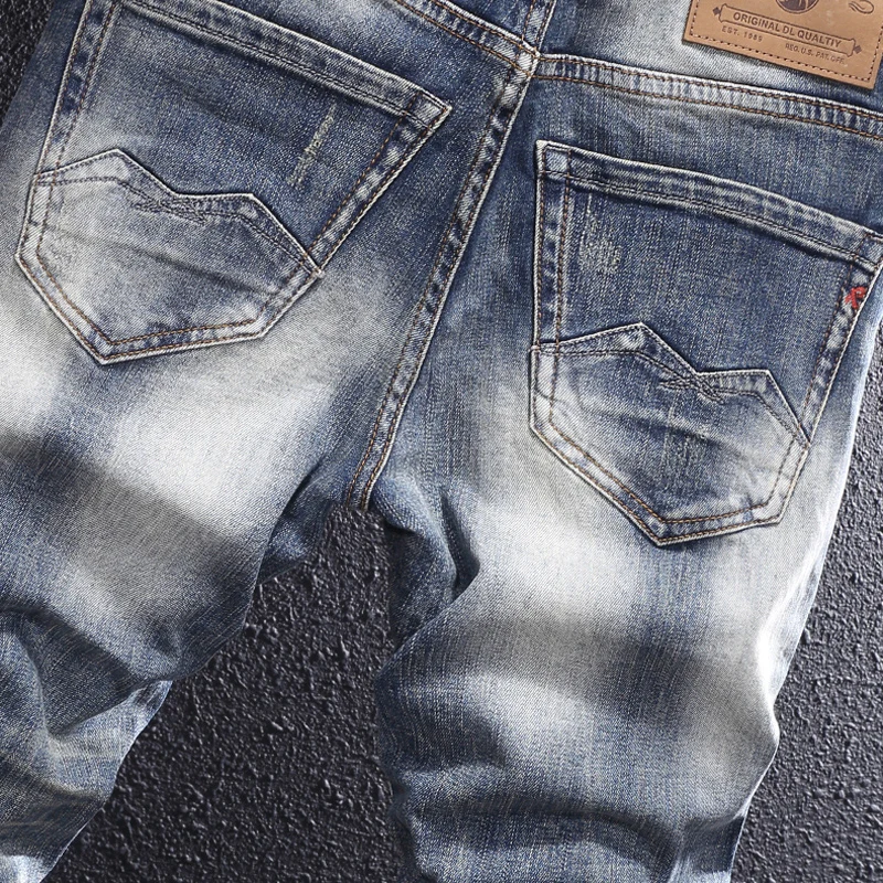 Fashion Vintage Men Jeans High Quality Retro Blue Plain Washed Elastic Slim Fit Ripped Jeans Men Embroidery Designer Denim Pants