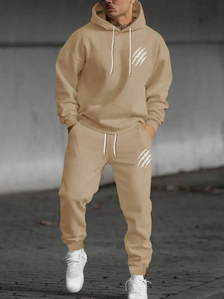 

Mens Scratch Print Drawstring Hoodie And Jogger Pants Two Piece Set Beige Casual Tracksuit
