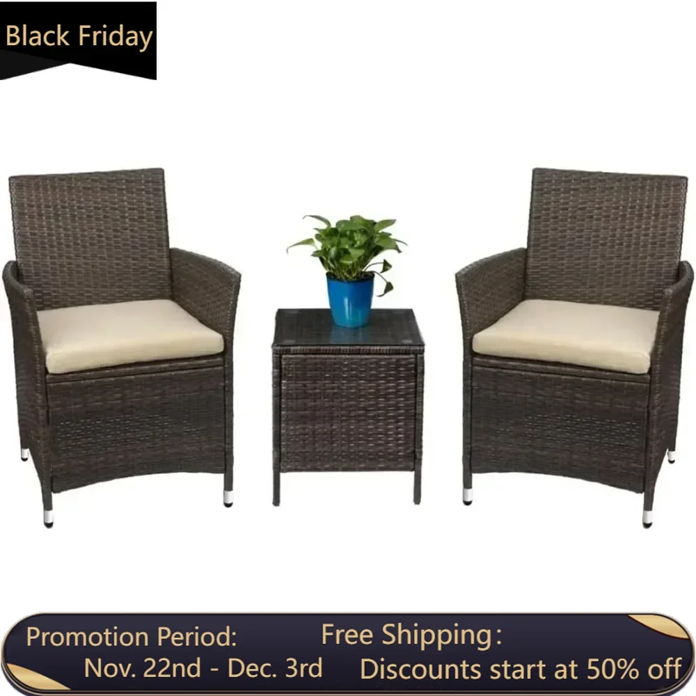 Patio Porch Furniture Sets 3 Pieces PE Rattan Wicker Chairs with Table Outdoor Garden Furniture Sets (Brown/Beige)