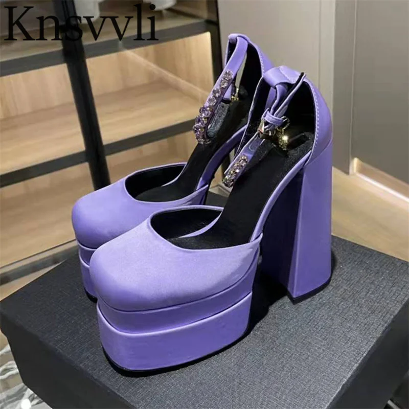 

Extreme High Heels Shoes Women Satin Thick Sole Pumps Women Square Heels Crystal Buckle Strap Party Platform Sandals For Woman