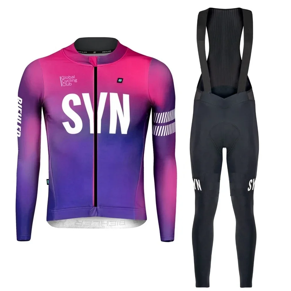 SYN-Colorful Long Sleeve Men's Cycling Apparel Close-fitting Road Cycling Race Jersey and Reflective Logo Bib Shorts Anti-UV Set