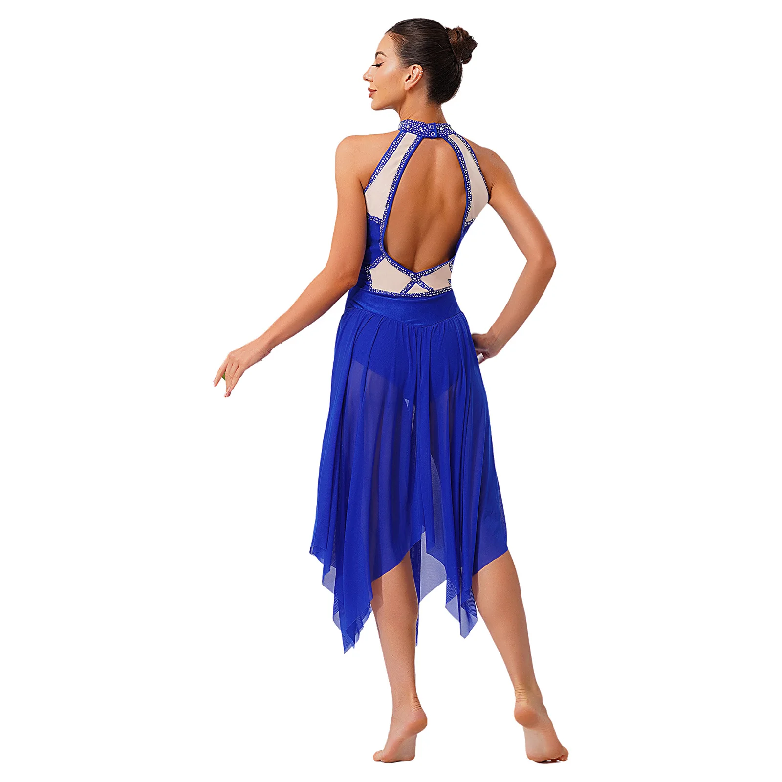 Womens Lyrical Dance Dress Back Hollow Out Leotard Dress Female Shiny Performance Clothing Figure Skating Gymnastics Active Wear