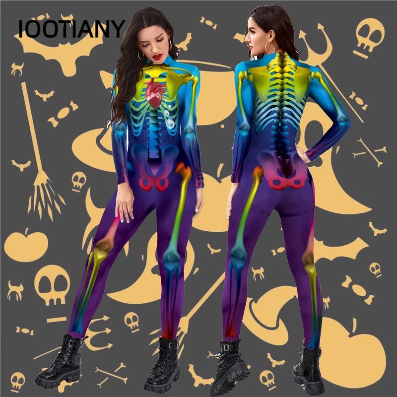 

IOOTIANY Scary Skeleton Printed Bodysuit Halloween Party Cosplay Costume for Adult Jumpsuit Zentai Catsuit Carnival Clothing