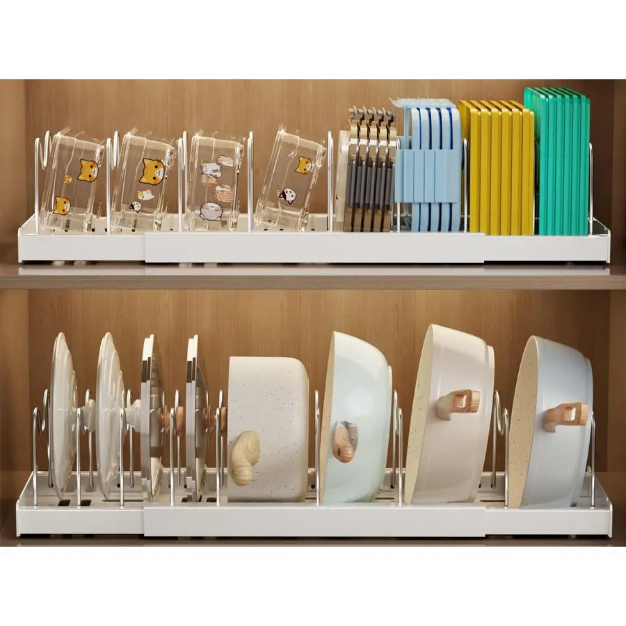 

Органайзер для кастрюль и сковородок под шкаф, 22 расширяемых контейнера для хранения продуктов с крышками и 9 регулируемыми разделителями