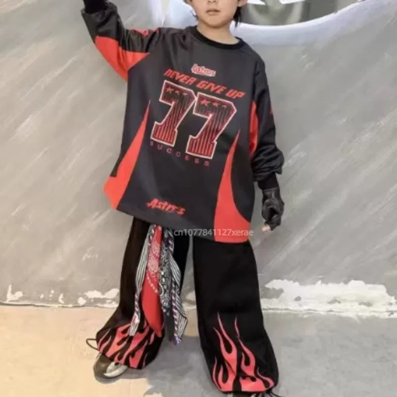 Traje de baile callejero para niños, conjunto 77 de llamas negras y rojas, trajes de espectáculo escénico para niños y niñas de marca de moda hip-hop
