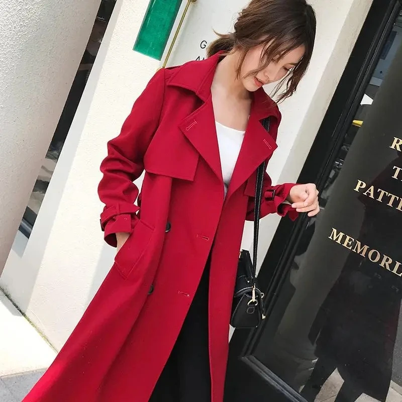 Autumn Korean Women Red Trench Coat With Sashes Elegant Double Breasted Long Sleeve Lapel Mid-length Windbreaker Female 2024 New