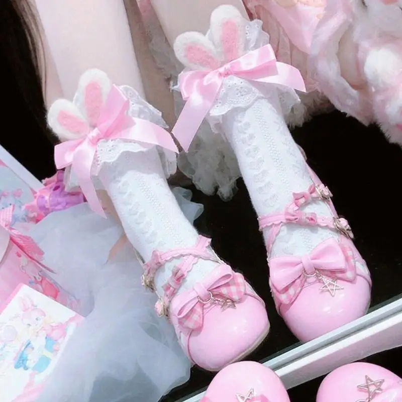 195E ロリータかわいい バニー耳綿クルーソックス女性ガールフリルフリルレースリボンちょう結びニットハート縞模様