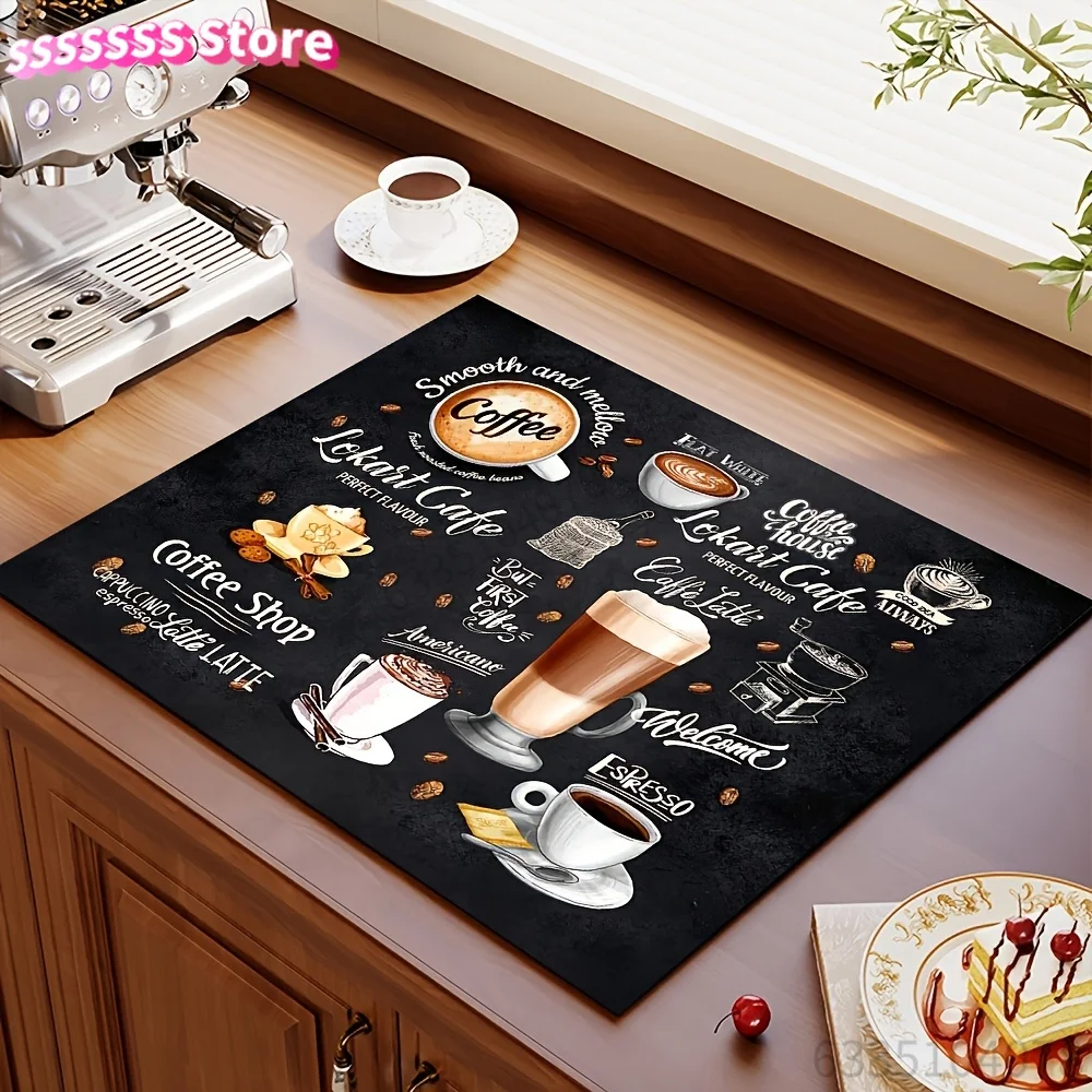 A Coffee Machine Countertop Mat Featuring a Latte Time Design, Made of Retro Bohemian Style Diatomaceous Earth for Absorbency. I