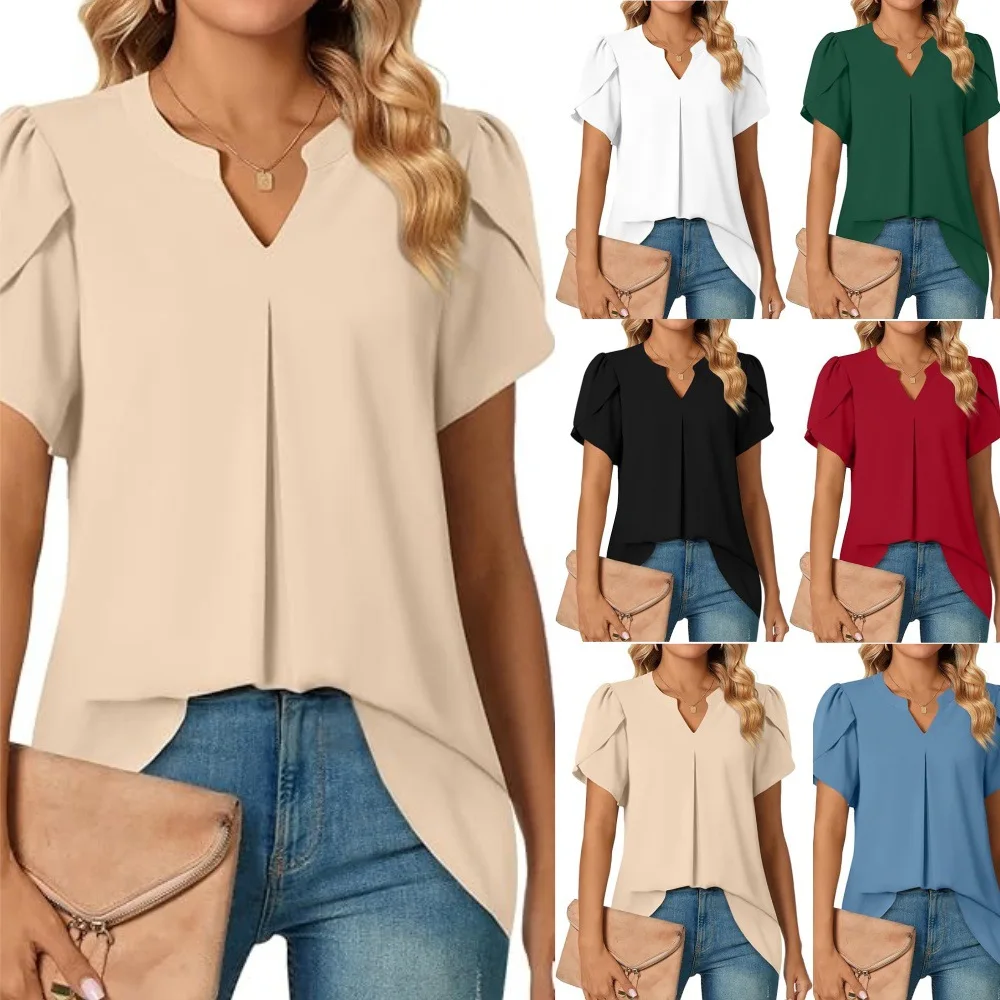 

Summer Women's Solid Color V-neck Petal Short Sleeved Shirt 2024 Fashionable White Tops Blusas Femininas Elegante Blouses