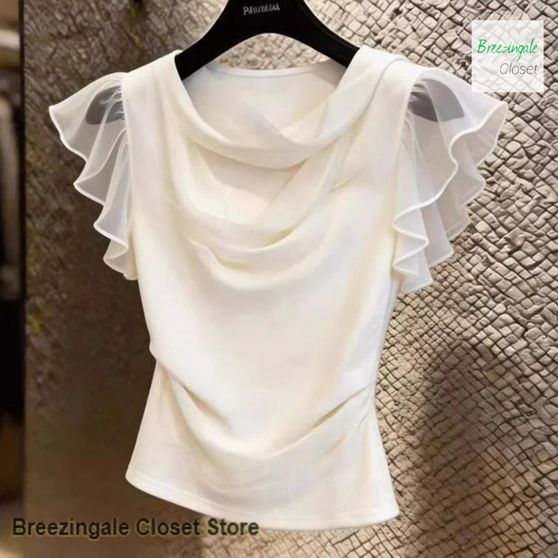 French-style solid color ruffled collar stitching gauze short-sleeved women's summer new fashion design high-grade casual shirt