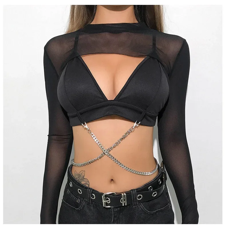 

Sexy Women Crop Top Mesh Sleeve T-Shirt Sexy Tops Hollow Out Transparent Tops Ladies T Shirt Black Top Casual T-shirt Tee Shirts