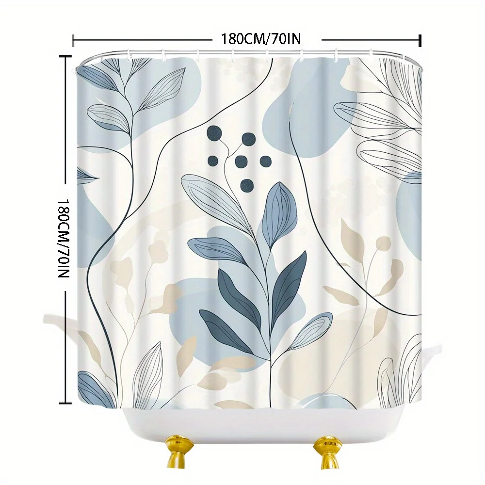 Abstract botanical shower curtain blue and beige leaves minimalist serene aesthetic 12 hooks machine washable polyester