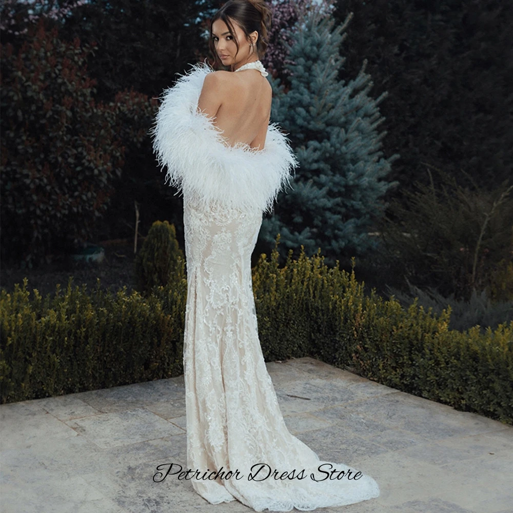 Charming Backless Halter Wedding Dress Elegant Mermaid Lace Bridal Gowns with Shawl Customized Sequined Appliques Robe de mariée