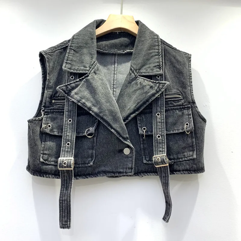 Women Double Pockets Denim Vest Jacket Turn Down Collar Jeans Sleeveless Coat Summer Pink High Waist Cowboy Tanks Cardigan Tops