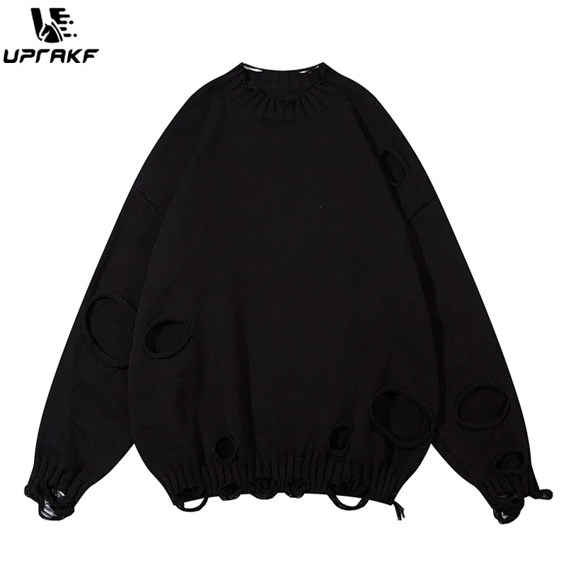 UPRAKF Ripped Hole Sweater Solid Color Autumn Winter Fashion Streetwear Pullover Casual Long Sleeve Loose Knitted