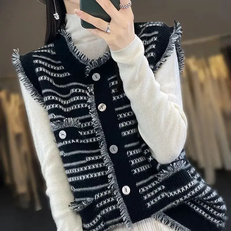 Spring Autumn Women Clothing Tassel Sweater Vest Coat O-Neck Contrast Color Korean Fashion Casual Loose Sleeveless Cardigan Tops