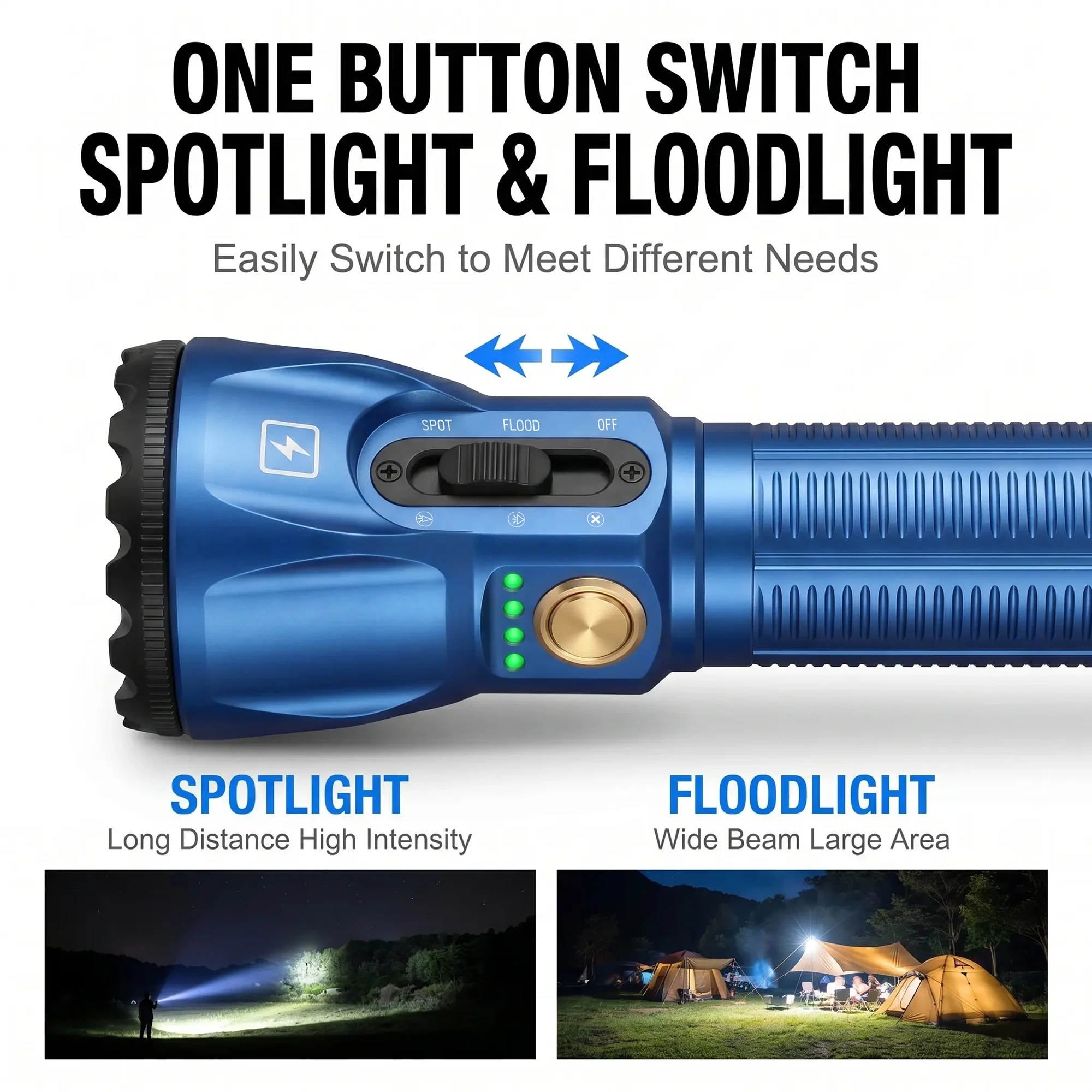 10000mAh Large Capacity Battery Dual Light Sources, One-Click Switch Between Spotlight & Floodlight，Durable Aluminum Alloy Body