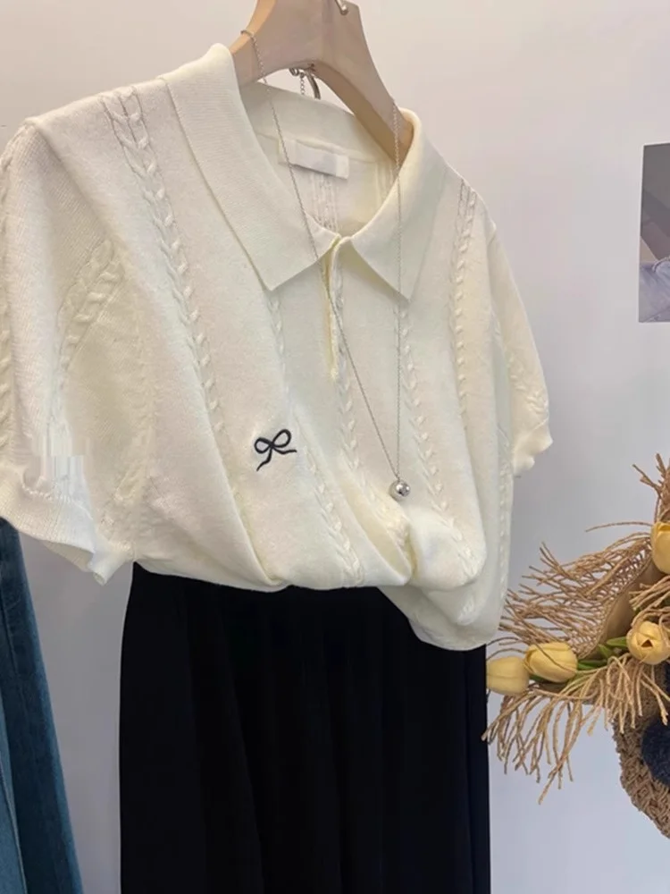 

Comfortable Soft Embroidered Knot ort Sve Knitted Summer Slimming Overhead Base irt Women's Faion Top