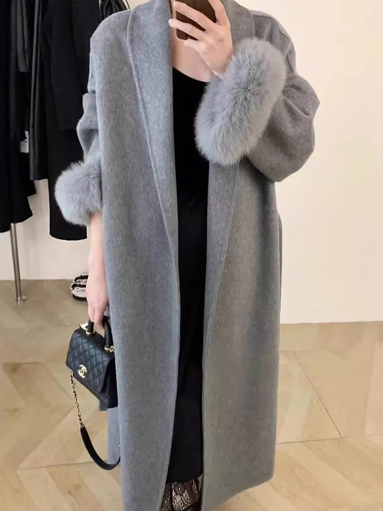FANAN Elegant Fox Fur Sleeve Design Wool Coats For Women Lapel Belt Gathered Waist Thick Warm Female Outwear 2025 Winter New