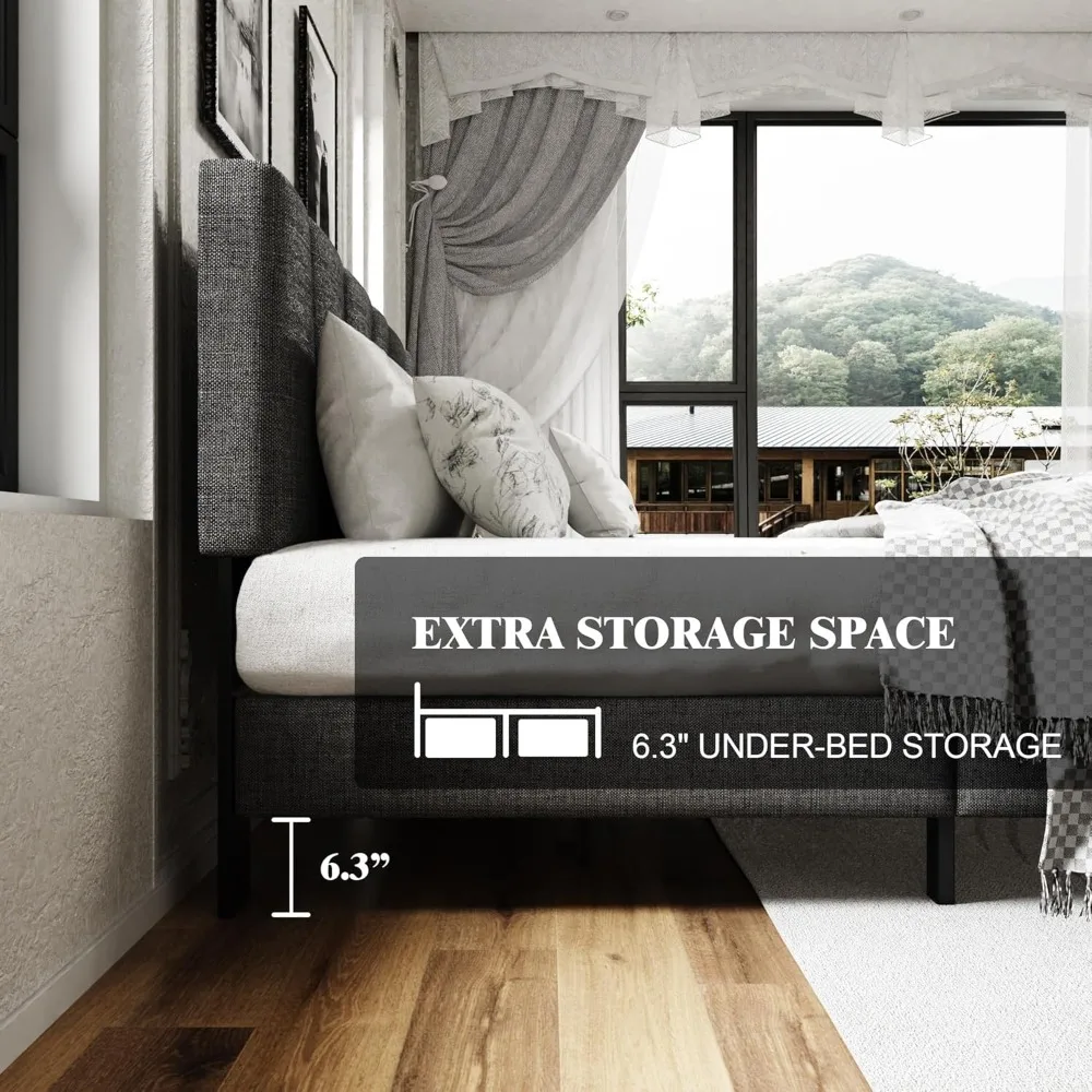 إطار سرير بمنصة كينج منجدة حديثة مع دعامة شرائح خشبية، لا يتطلب صندوق زنبركي، سهل التجميع، أوب صامت