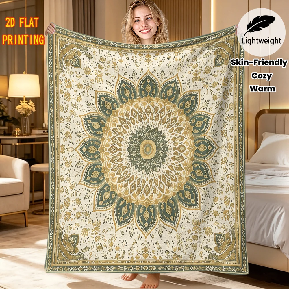 Ethnic Mandala Throw Blanket Delicate Floral Mandala Ornamental Border Print Soft Flannel Kids Room Sofa Lap Elegant Decor Gift