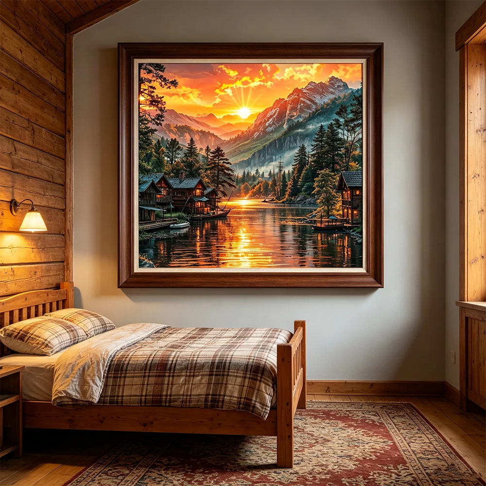 Sunset Mountains River Scenery Posters for Wall Art Canvas Painting Print Decorative Landscape Pictures for Modern Living Room