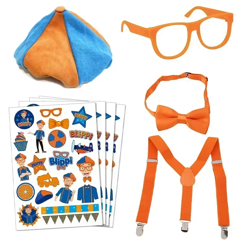 Hot Blippis Costume Cosplay Accessorie Toys Orange Bow Tie Suspenders Hats and Glasses Stickers Roleplay Set Kids Toys Gifts