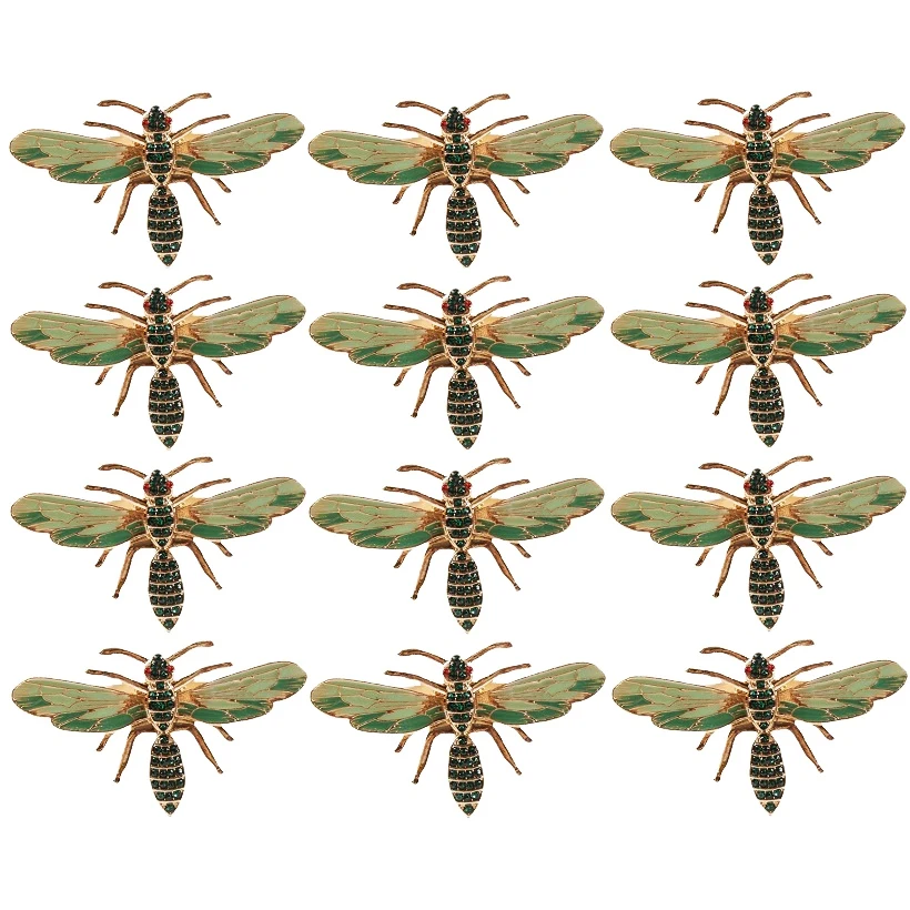 A01F-12Pcs Dragonfly Napkin Buckle Napkin Ring Alloy Green Insect Dragonfly Drip Diamond Buckle Paper Towels Napkin Holder