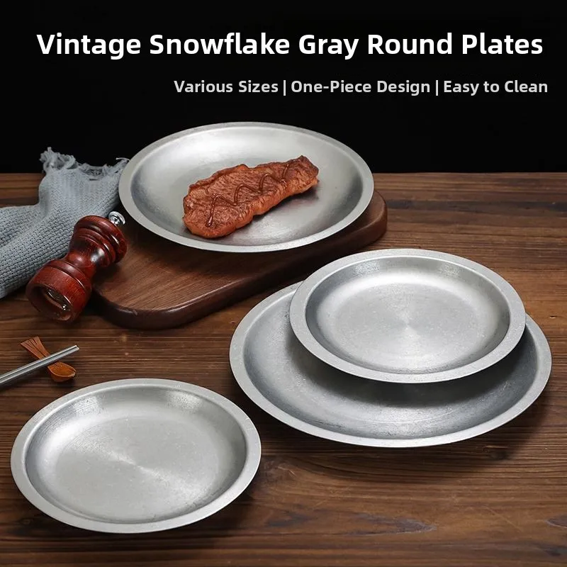 

Retro 304 Stainless Steel round Plate Weathered Beef Plate Barbecue Hot Pot Roast Meat Restaurant Korean Style Dining Tray