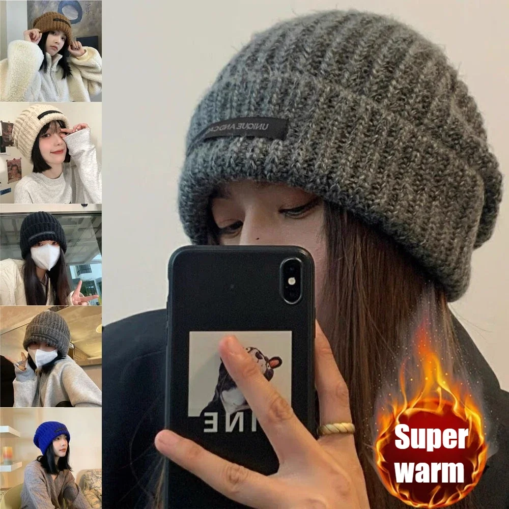 

Женская вязаная шапка-бини свободного кроя, теплая, уютная, с эффектом обвисания, модная, утолщенная, с защитой ушей, для осени и зимы