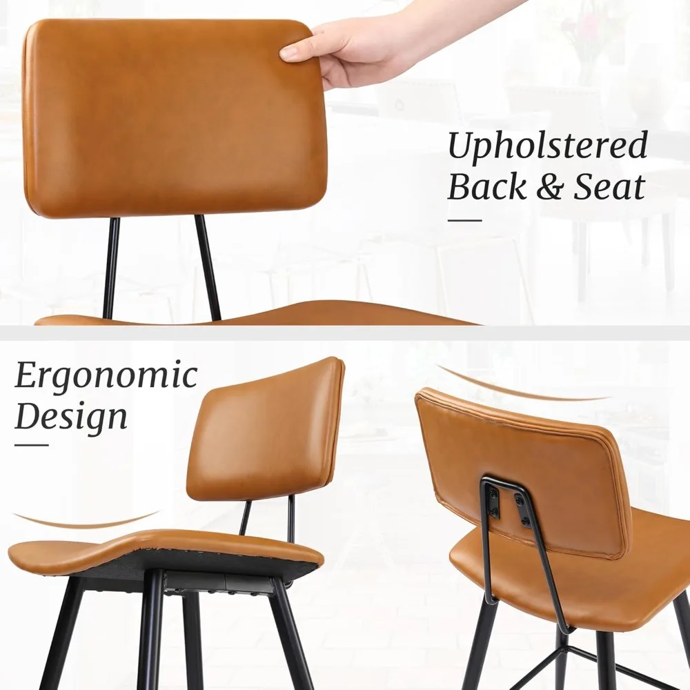 Kursi Bar Coklat Wiski 24,5" Set Isi 4, Kursi Bar Tinggi Konter Berlapis Kulit Imitasi dengan Punggung, Pijakan Kaki dan Kaki Logam,