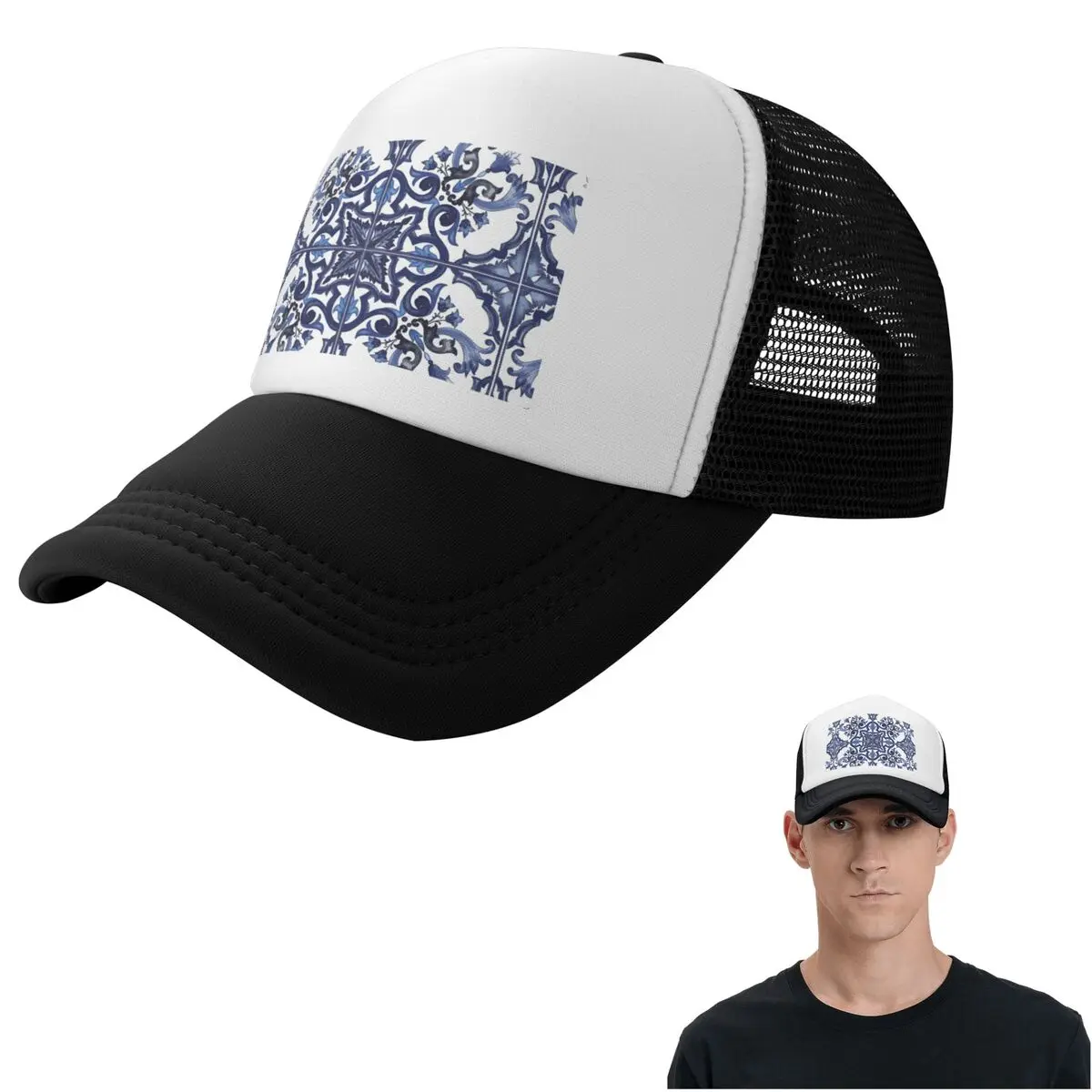 Blue Ornate Floral Mediterranean Sicilian Tile Cap Fashion Mesh Baseball Caps Adjustable Hat Hip Hop Summer Unisex Baseball Hats