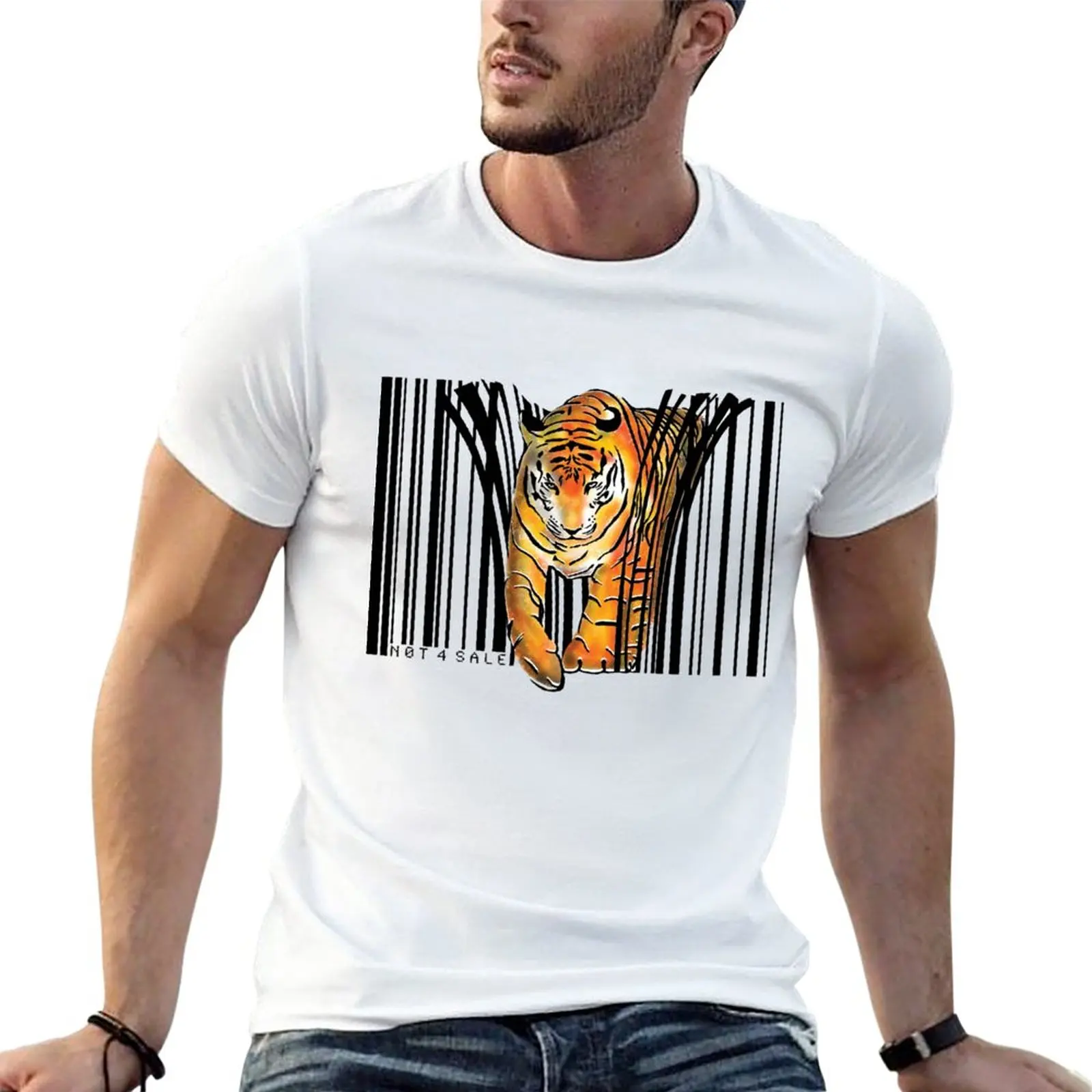 ENDANGERED TIGER BARCODE illustration print T-Shirt sweat shirts quick drying mens vintage t shirts