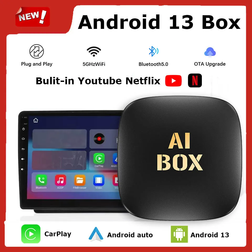 New Car Video Ai Box Android13 Box Support Netflix YouTube Google Store Wireless Carplay Android Auto Adapter for Wired Carplay