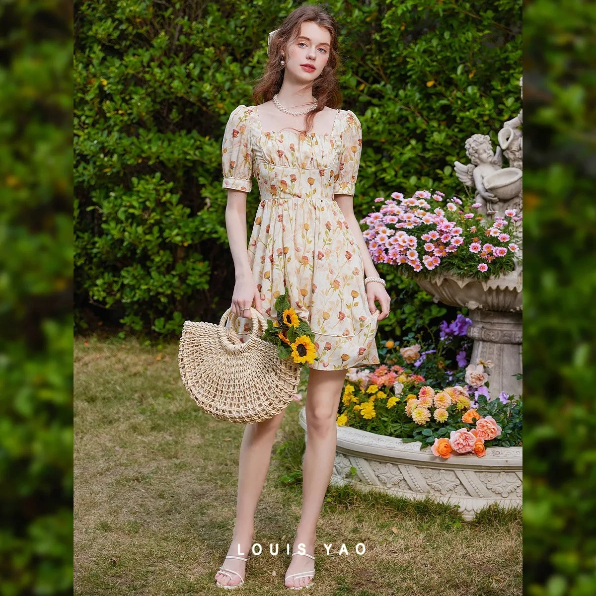 

LOUIS YAO Retro Printed Floral Women's Dress 2025 Summer Short Sleeve Slim Fit Midi Dress Gentle Casual Outfits French Dress