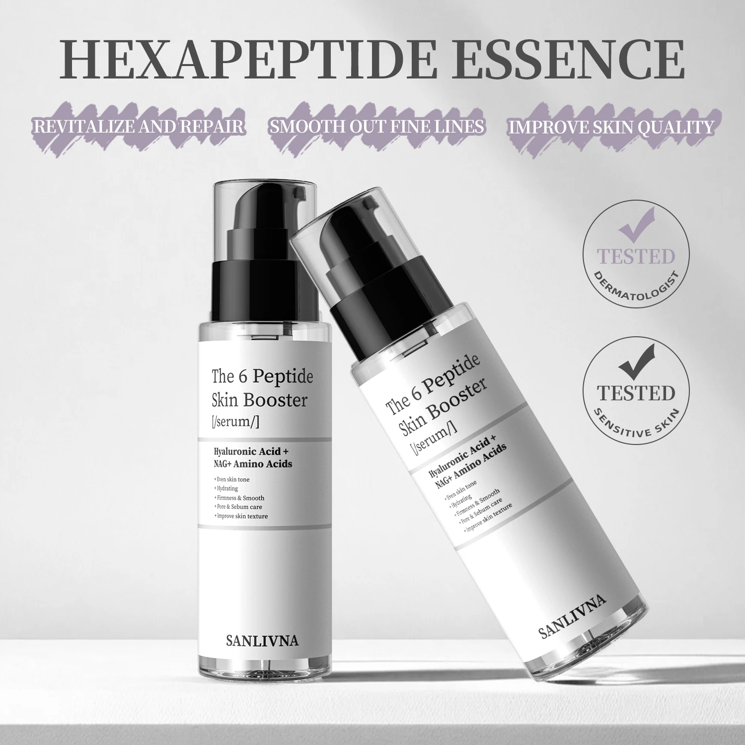 

6-peptide facial essence containing collagen improves fine lines, brightens skin tone, moisturizes and nourishes